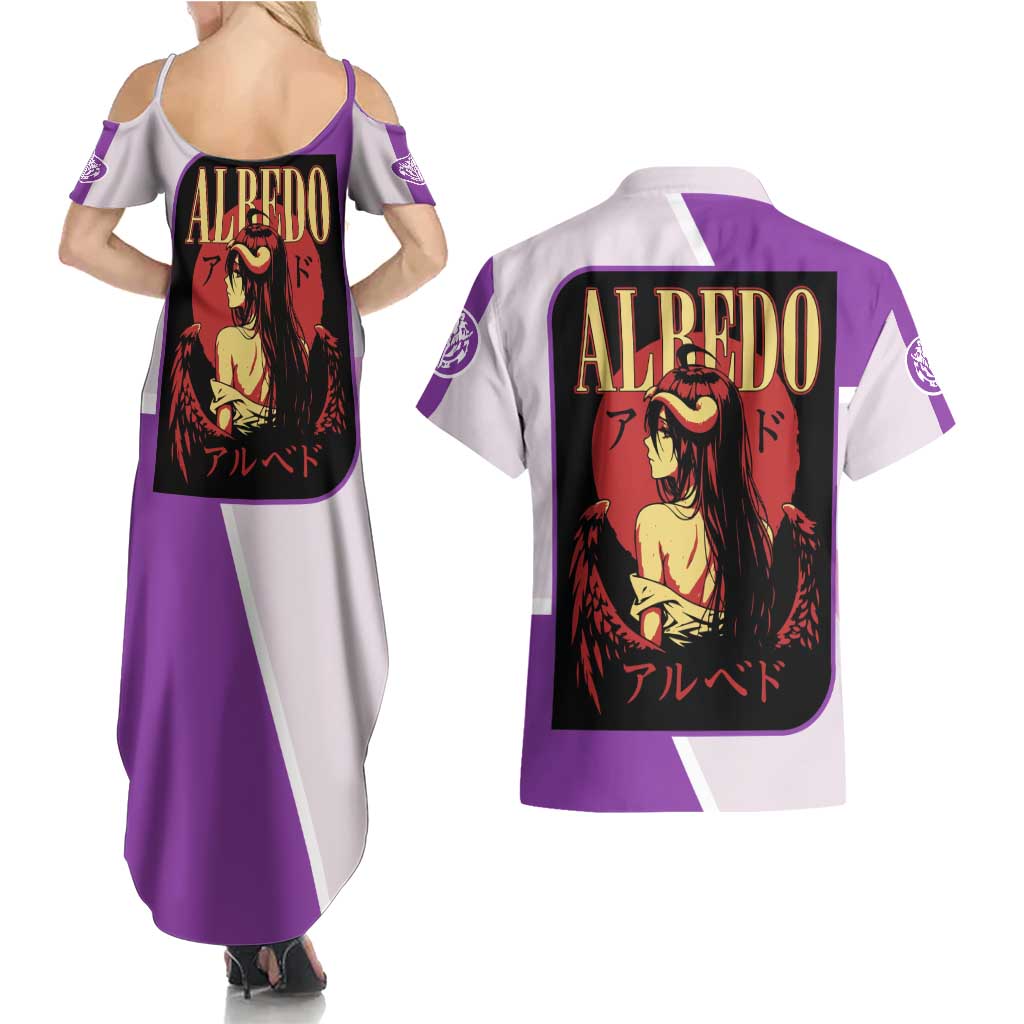 Albedo Overlord Couples Matching Summer Maxi Dress and Hawaiian Shirt with Winged Demon Design and Purple Anime Aesthetic - The Mazicc