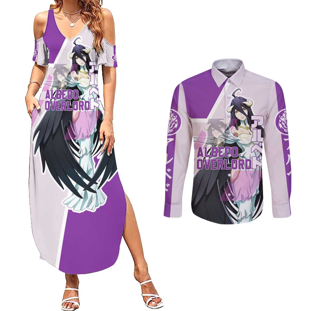 Albedo Overlord Couples Matching Summer Maxi Dress and Long Sleeve Button Shirt with Winged Demon Design and Purple Anime Aesthetic - The Mazicc