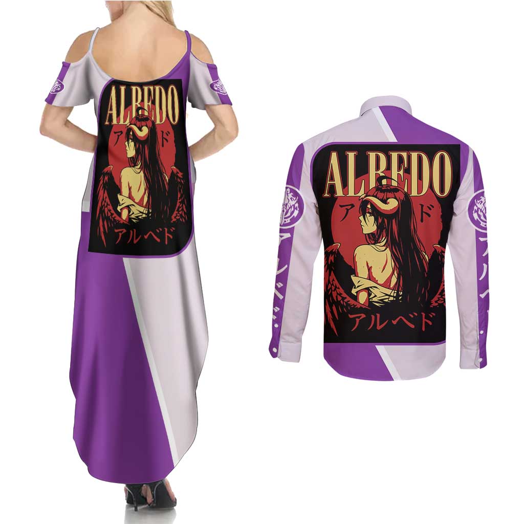 Albedo Overlord Couples Matching Summer Maxi Dress and Long Sleeve Button Shirt with Winged Demon Design and Purple Anime Aesthetic - The Mazicc