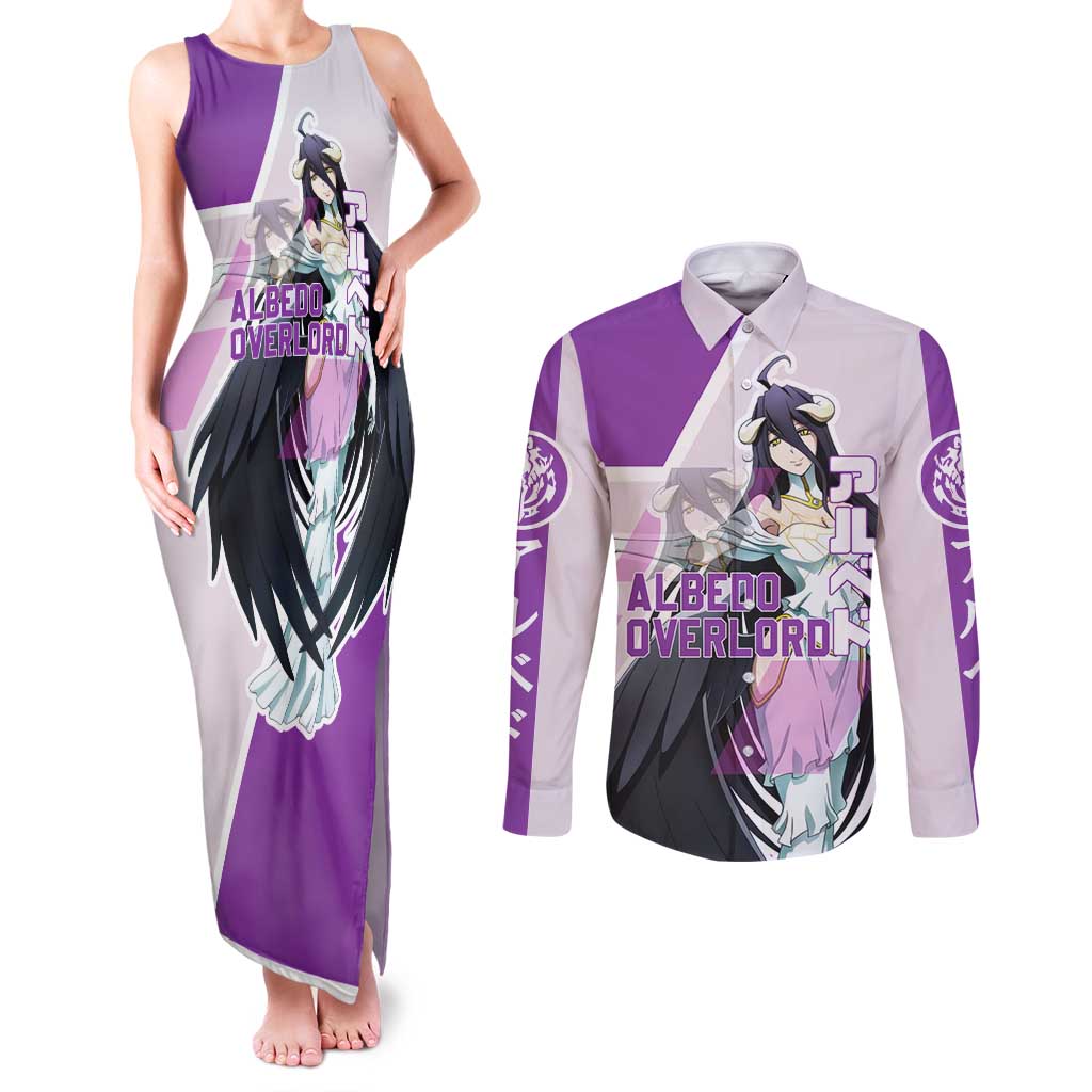 Albedo Overlord Couples Matching Tank Maxi Dress and Long Sleeve Button Shirt with Winged Demon Design and Purple Anime Aesthetic - The Mazicc
