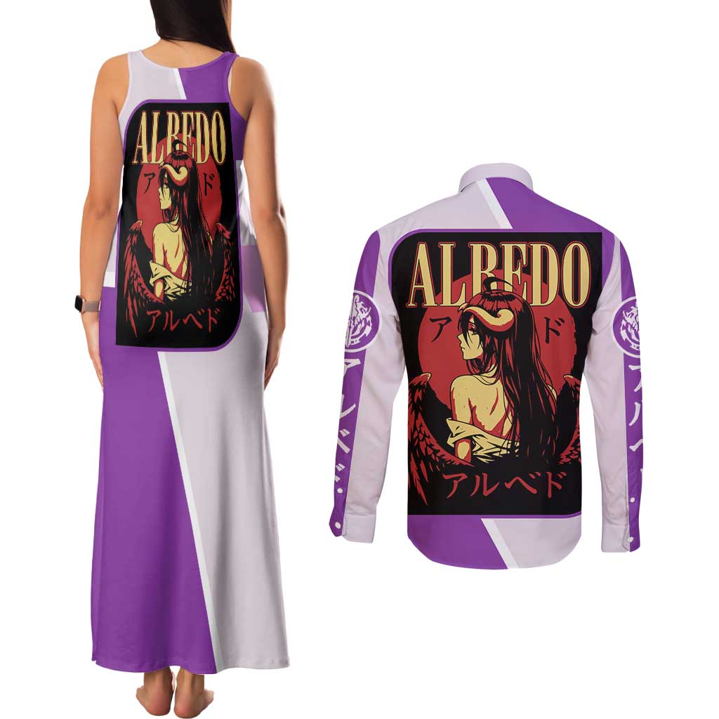 Albedo Overlord Couples Matching Tank Maxi Dress and Long Sleeve Button Shirt with Winged Demon Design and Purple Anime Aesthetic - The Mazicc