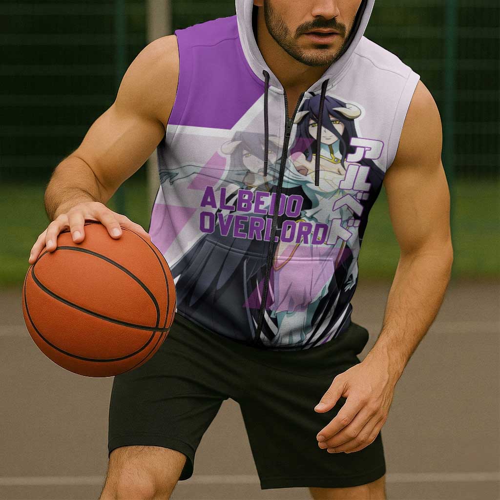 Albedo Overlord Sleeveless Zip Hoodie with Winged Demon Design and Purple Anime Aesthetic - The Mazicc