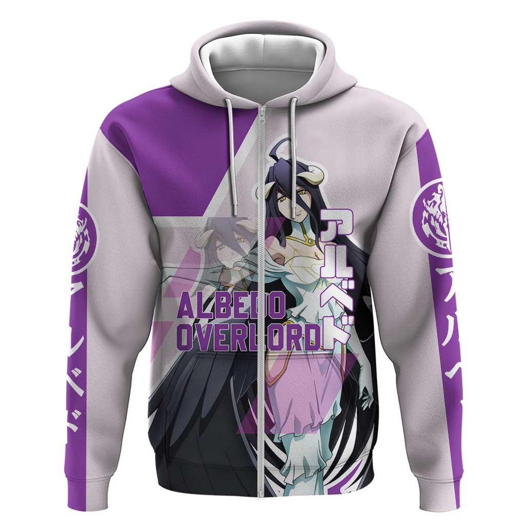 Albedo Overlord Zip Hoodie with Winged Demon Design and Purple Anime Aesthetic - The Mazicc