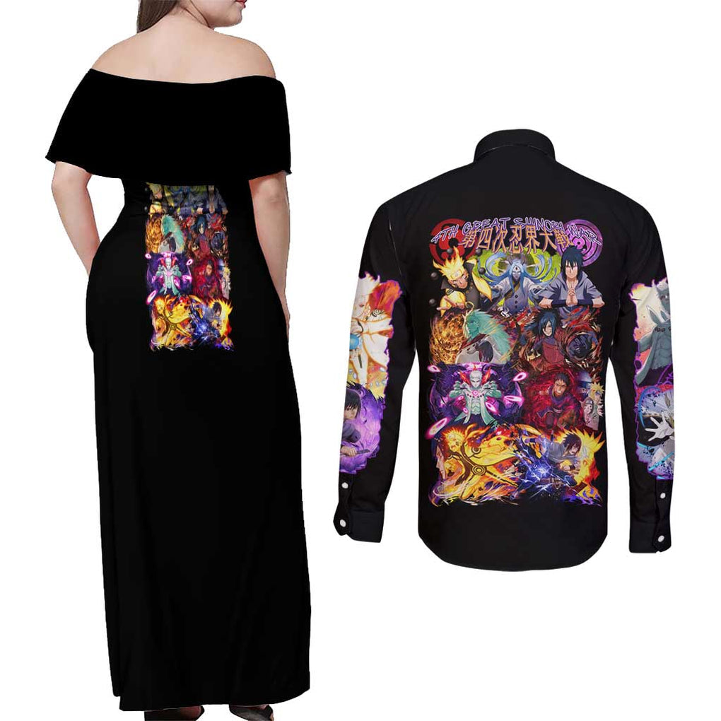 4th Great Shinobi War Naruto Shippuden Couples Matching Off Shoulder Maxi Dress and Long Sleeve Button Shirt Japan Anime Style