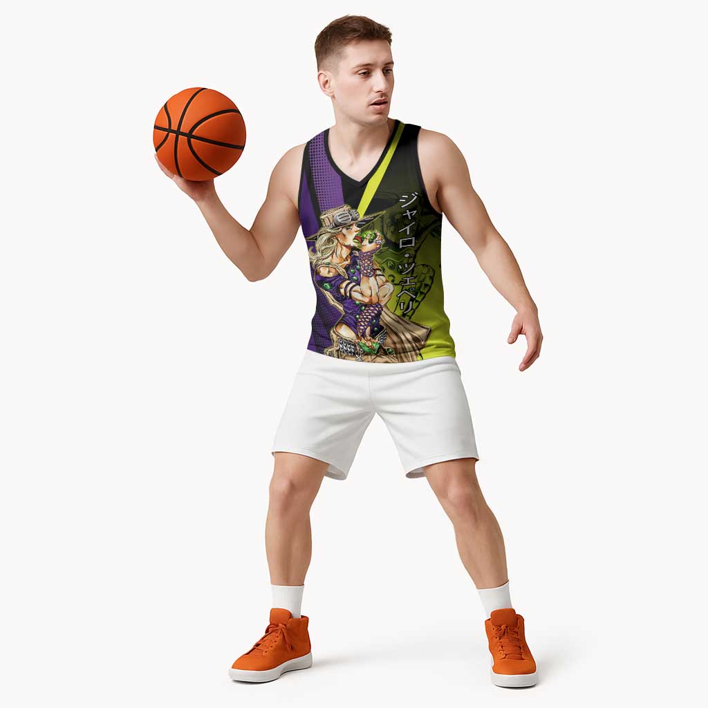 Gyro Zeppeli JoJo’s Bizarre Adventure Basketball Jersey with Spin Pose and Vibrant - The Mazicc