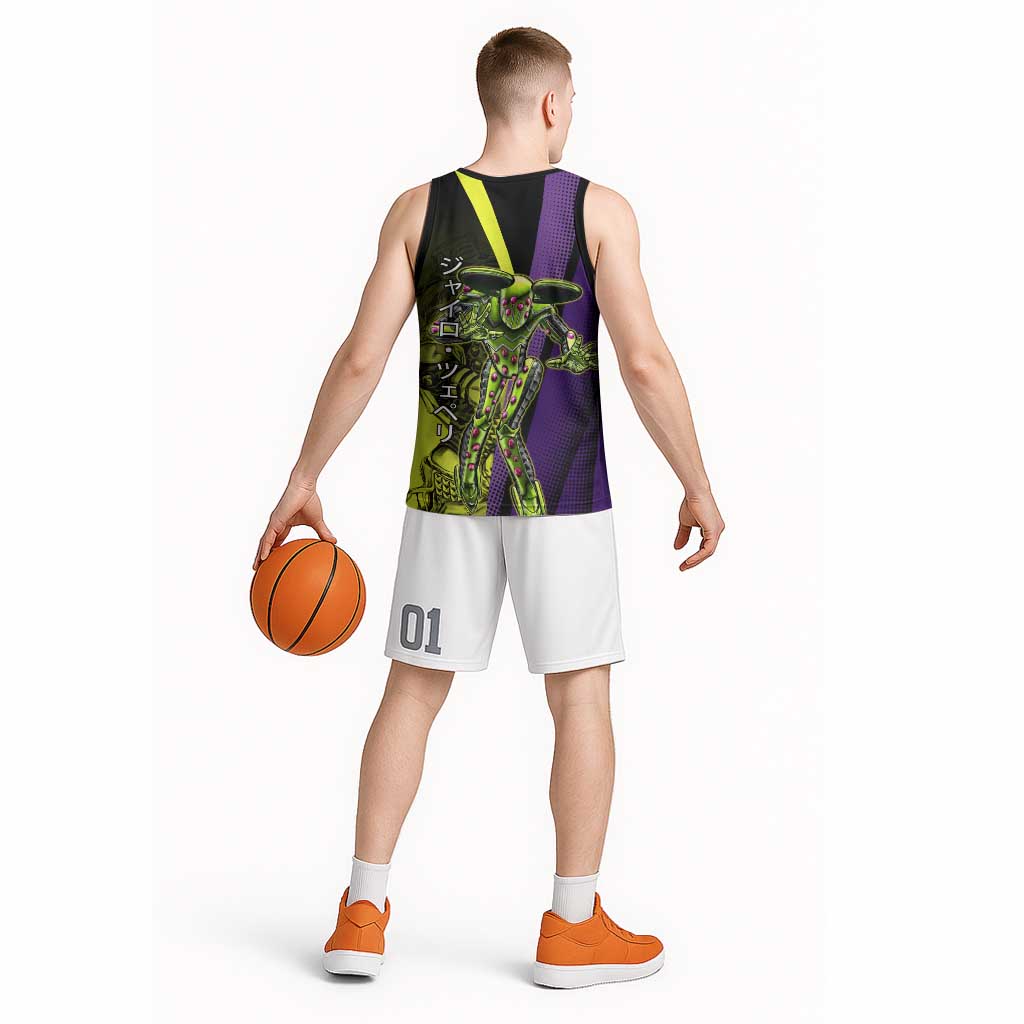 Gyro Zeppeli JoJo’s Bizarre Adventure Basketball Jersey with Spin Pose and Vibrant - The Mazicc