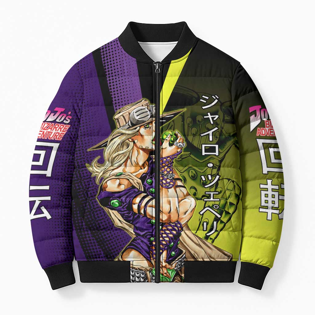 Gyro Zeppeli JoJo’s Bizarre Adventure Bomber Puffer Jacket with Spin Pose and Vibrant - The Mazicc