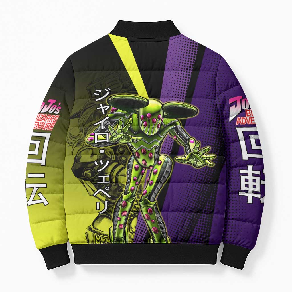 Gyro Zeppeli JoJo’s Bizarre Adventure Bomber Puffer Jacket with Spin Pose and Vibrant - The Mazicc