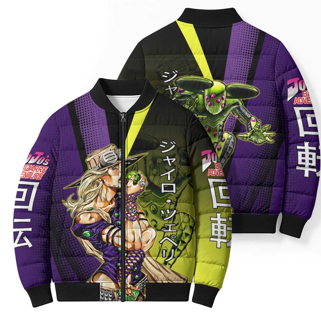 Gyro Zeppeli JoJo’s Bizarre Adventure Bomber Puffer Jacket with Spin Pose and Vibrant - The Mazicc