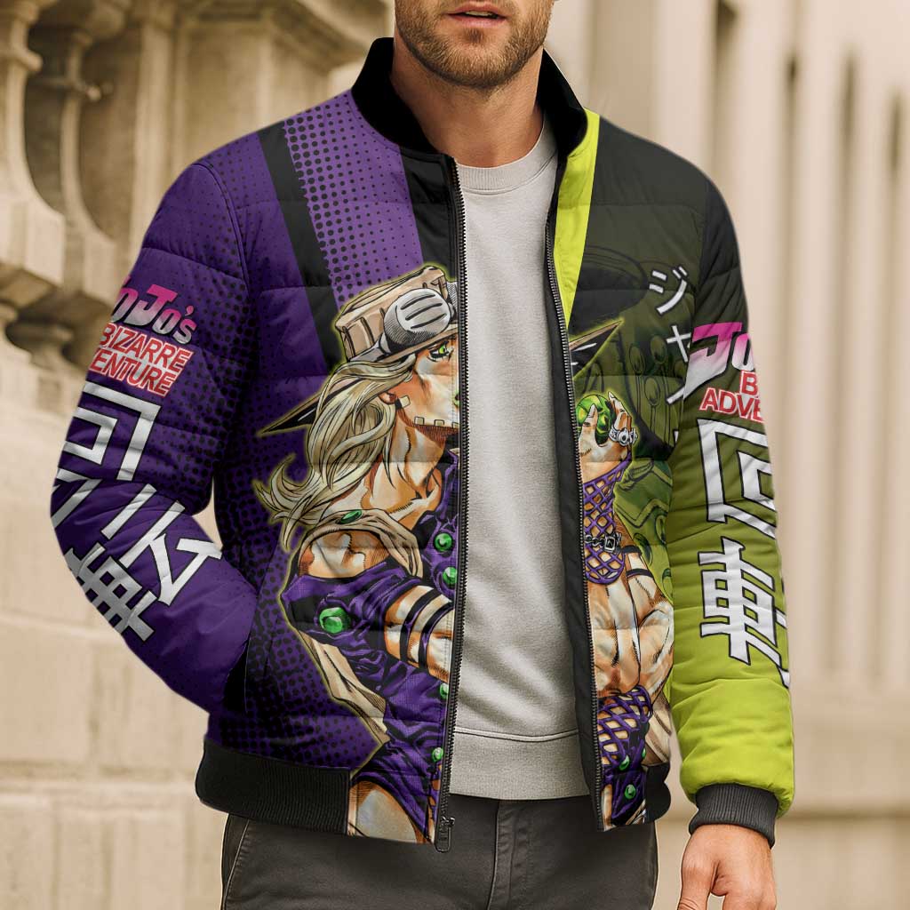 Gyro Zeppeli JoJo’s Bizarre Adventure Bomber Puffer Jacket with Spin Pose and Vibrant - The Mazicc