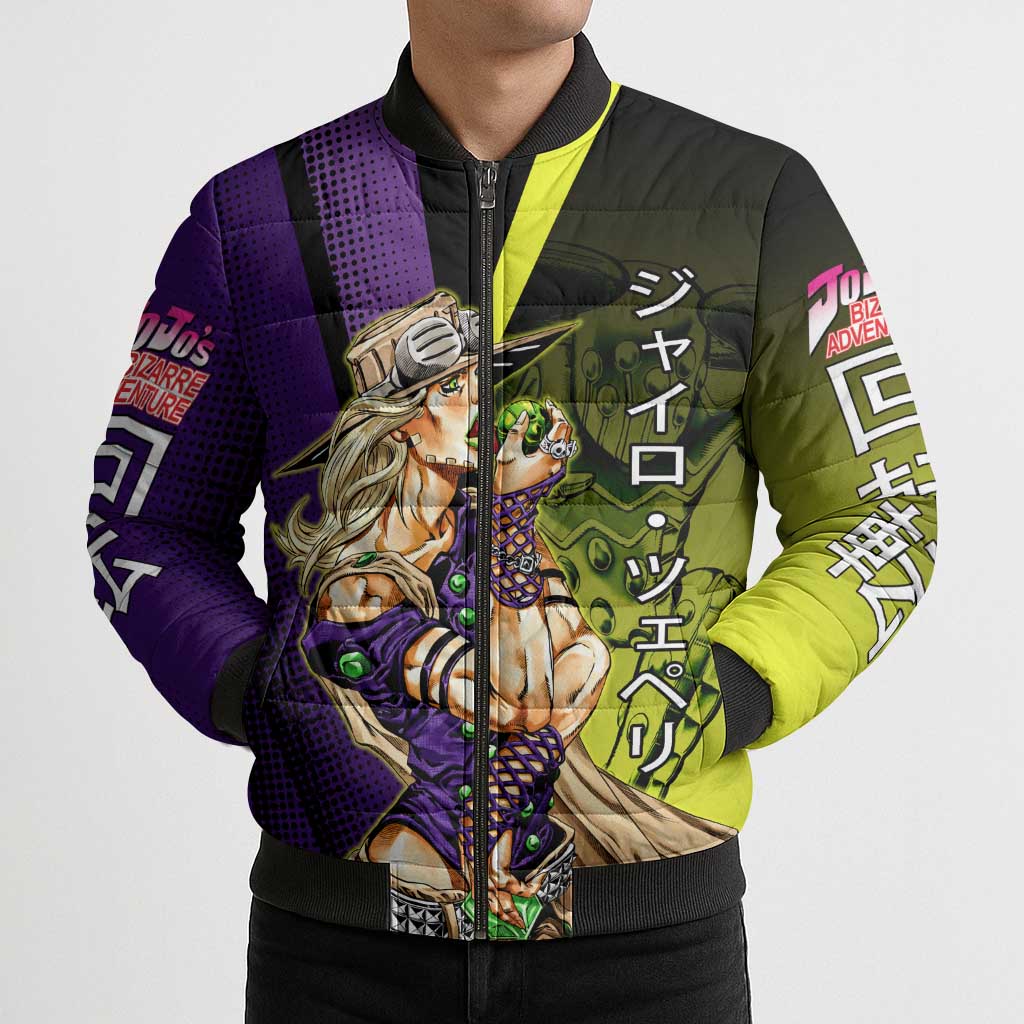 Gyro Zeppeli JoJo’s Bizarre Adventure Bomber Puffer Jacket with Spin Pose and Vibrant - The Mazicc