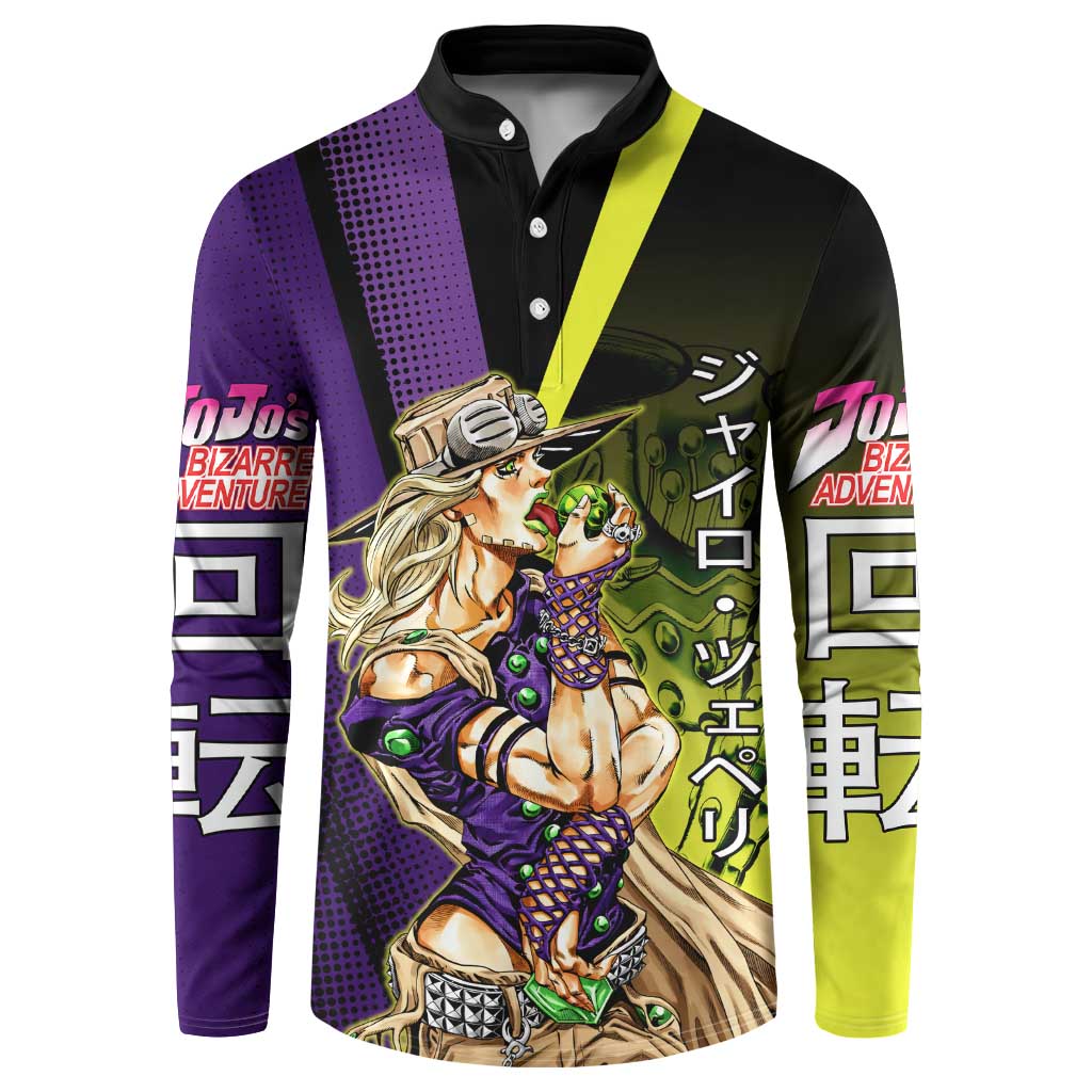Gyro Zeppeli JoJo’s Bizarre Adventure Button Sweatshirt with Spin Pose and Vibrant - The Mazicc