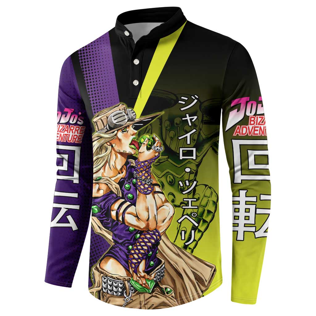 Gyro Zeppeli JoJo’s Bizarre Adventure Button Sweatshirt with Spin Pose and Vibrant - The Mazicc
