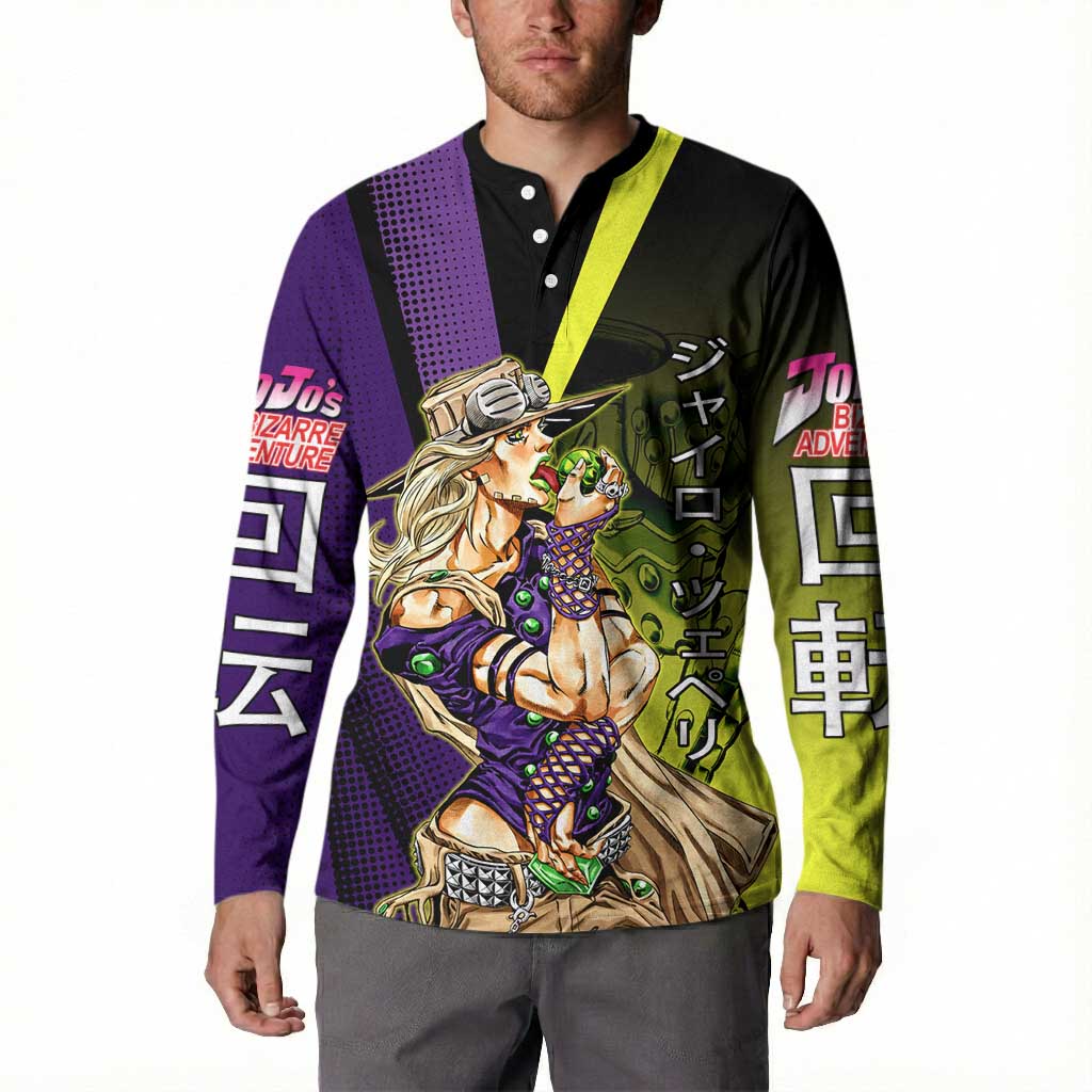 Gyro Zeppeli JoJo’s Bizarre Adventure Button Sweatshirt with Spin Pose and Vibrant - The Mazicc