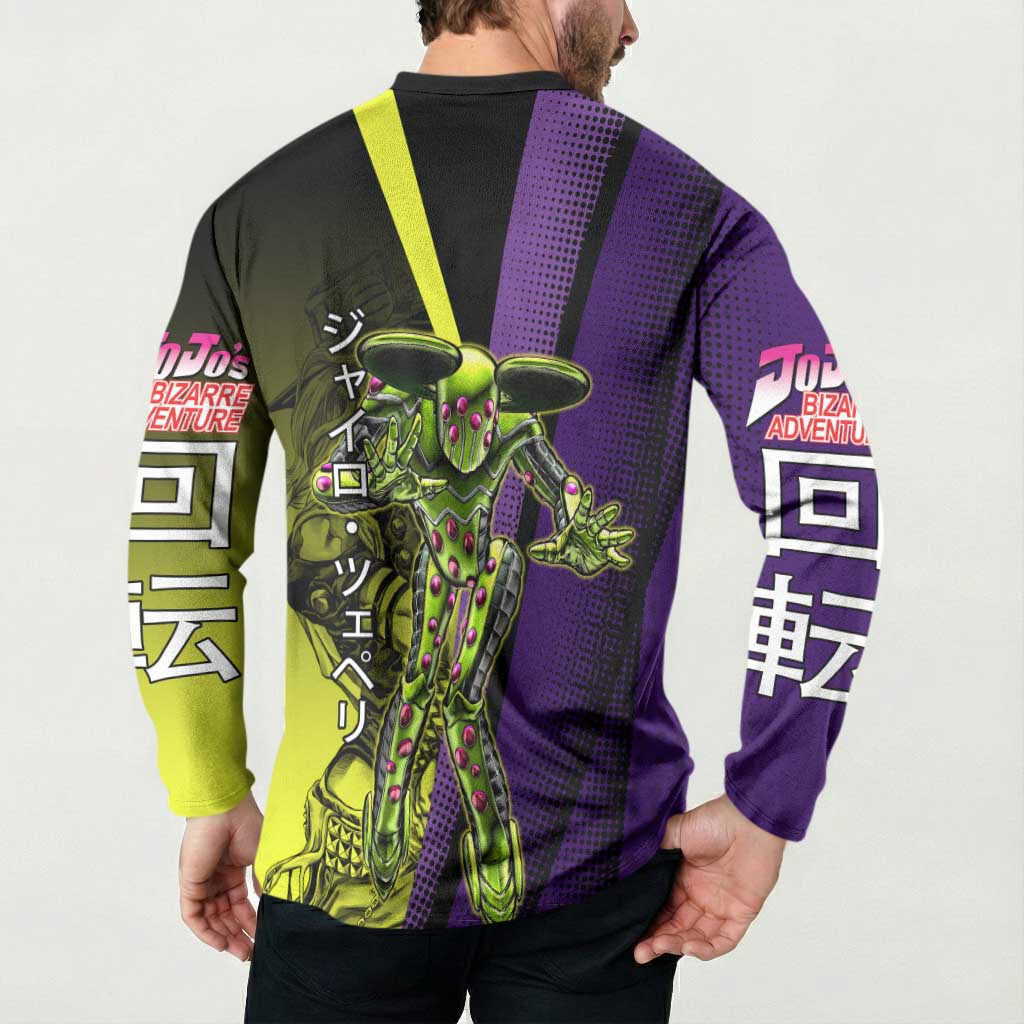 Gyro Zeppeli JoJo’s Bizarre Adventure Button Sweatshirt with Spin Pose and Vibrant - The Mazicc