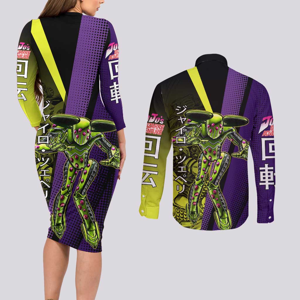 Gyro Zeppeli JoJo’s Bizarre Adventure Couples Matching Long Sleeve Bodycon Dress and Long Sleeve Button Shirt with Spin Pose and Vibrant - The Mazicc