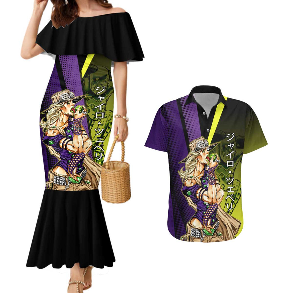 Gyro Zeppeli JoJo’s Bizarre Adventure Couples Matching Mermaid Dress and Hawaiian Shirt with Spin Pose and Vibrant - The Mazicc