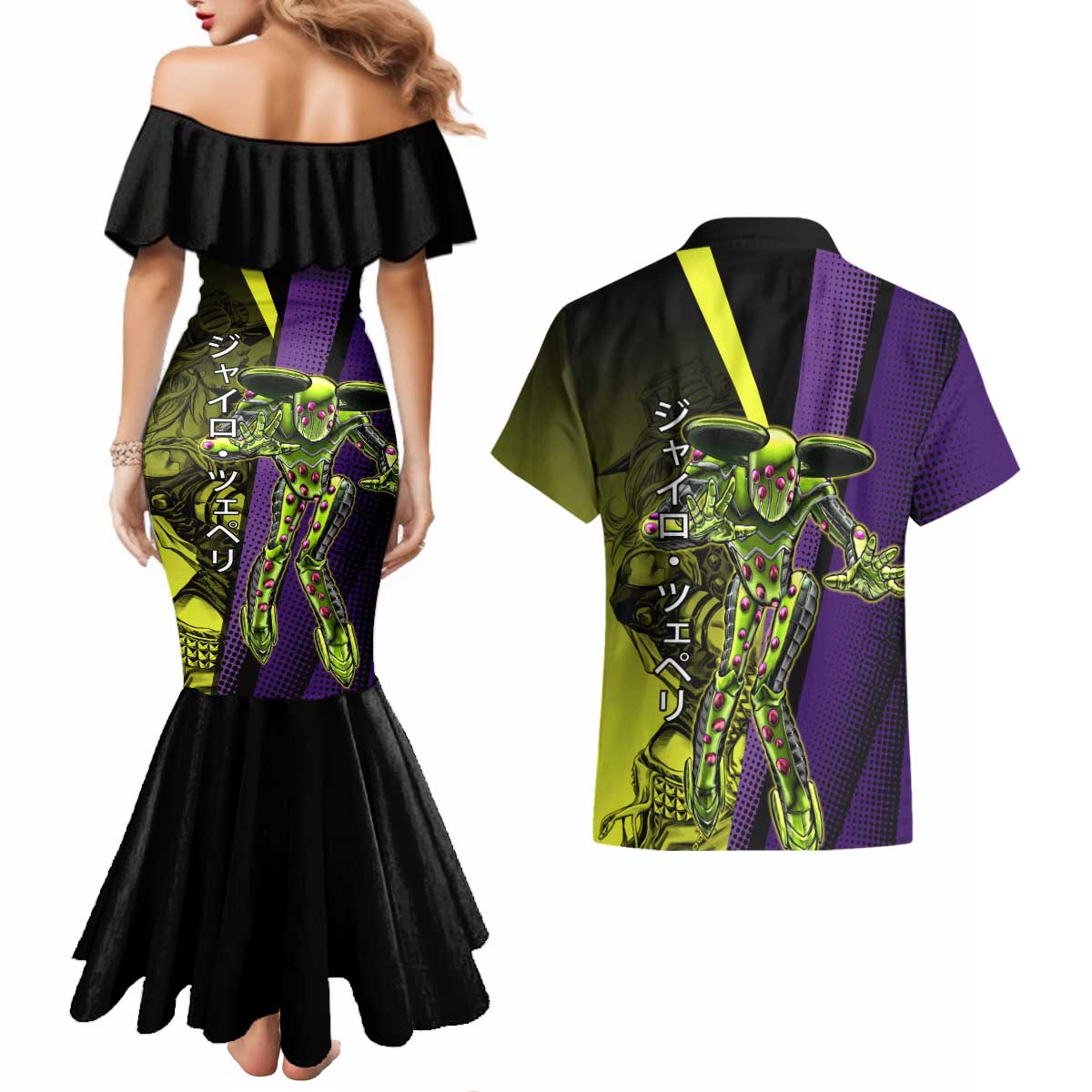 Gyro Zeppeli JoJo’s Bizarre Adventure Couples Matching Mermaid Dress and Hawaiian Shirt with Spin Pose and Vibrant - The Mazicc