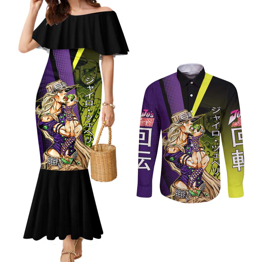 Gyro Zeppeli JoJo’s Bizarre Adventure Couples Matching Mermaid Dress and Long Sleeve Button Shirt with Spin Pose and Vibrant - The Mazicc