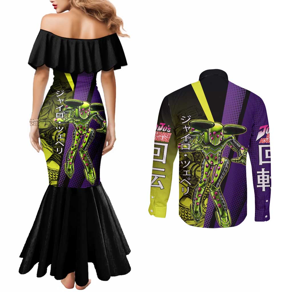 Gyro Zeppeli JoJo’s Bizarre Adventure Couples Matching Mermaid Dress and Long Sleeve Button Shirt with Spin Pose and Vibrant - The Mazicc