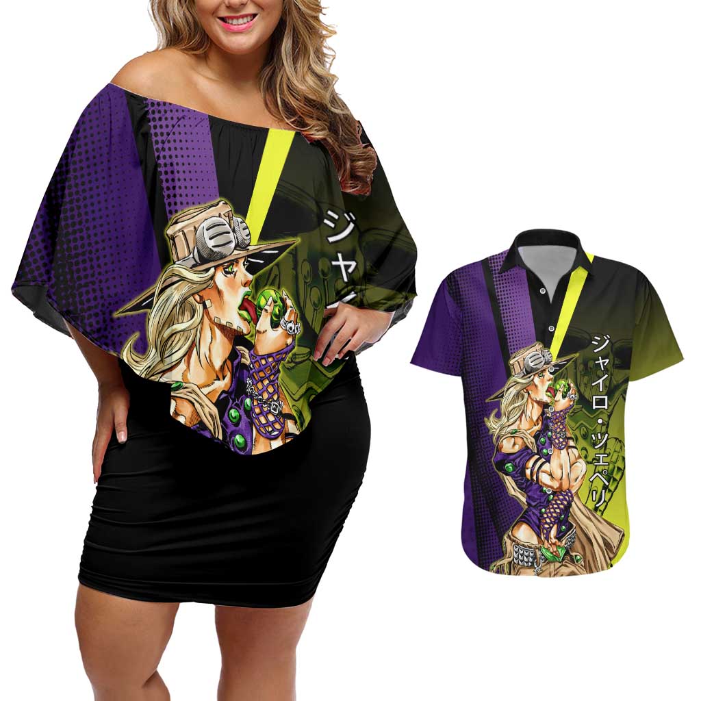 Gyro Zeppeli JoJo’s Bizarre Adventure Couples Matching Off Shoulder Short Dress and Hawaiian Shirt with Spin Pose and Vibrant - The Mazicc