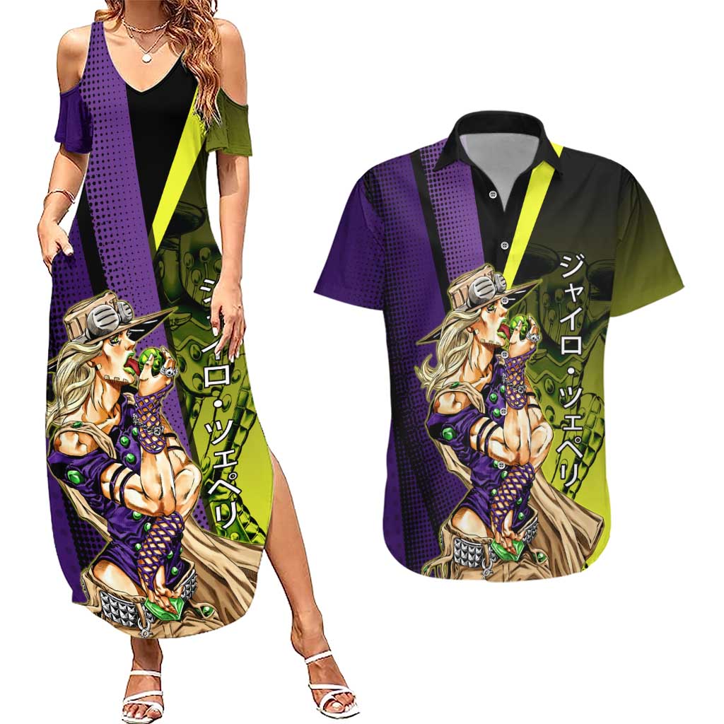 Gyro Zeppeli JoJo’s Bizarre Adventure Couples Matching Summer Maxi Dress and Hawaiian Shirt with Spin Pose and Vibrant - The Mazicc