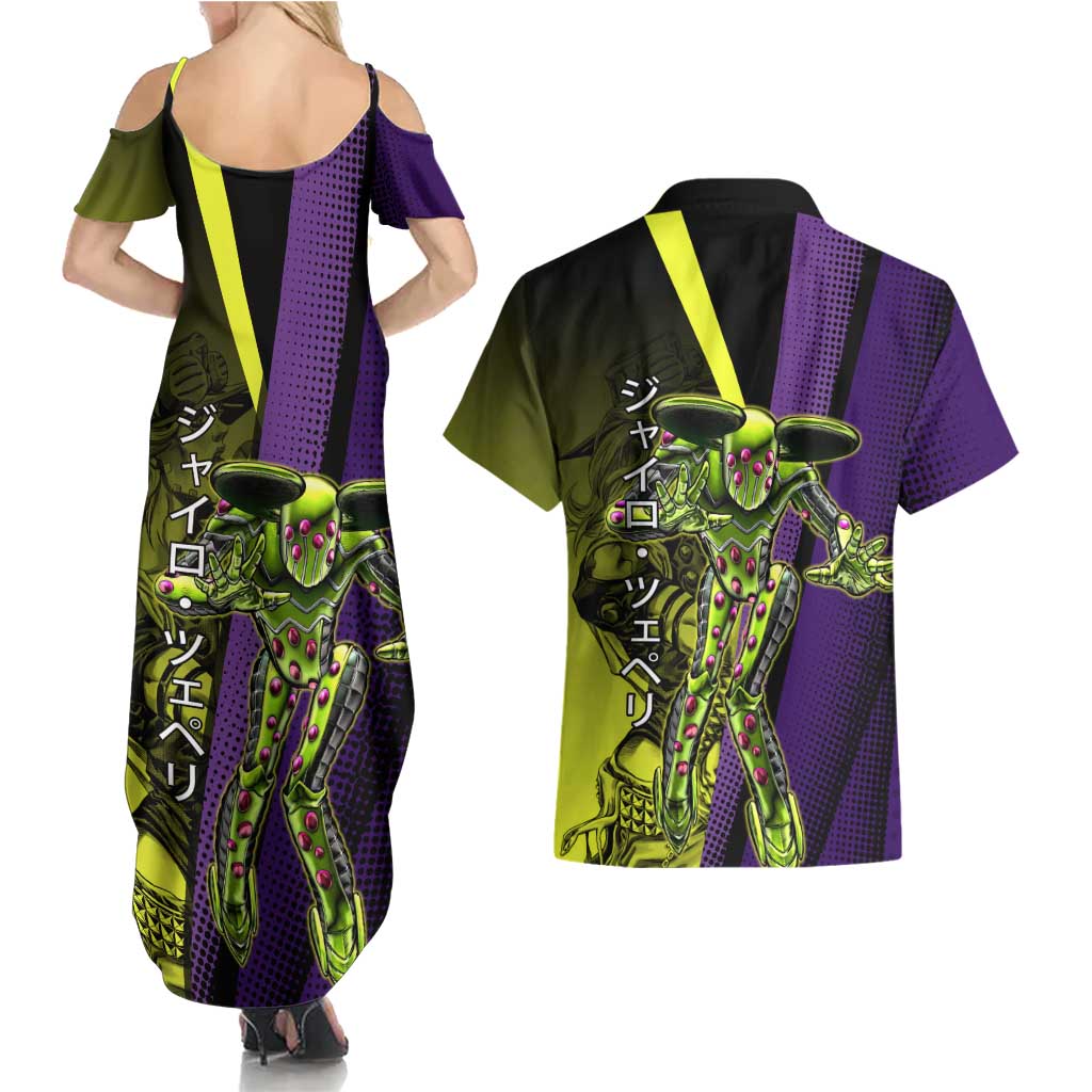 Gyro Zeppeli JoJo’s Bizarre Adventure Couples Matching Summer Maxi Dress and Hawaiian Shirt with Spin Pose and Vibrant - The Mazicc