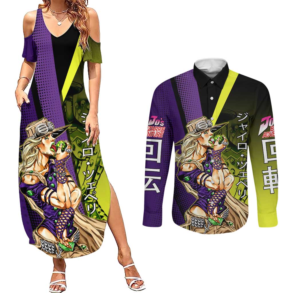 Gyro Zeppeli JoJo’s Bizarre Adventure Couples Matching Summer Maxi Dress and Long Sleeve Button Shirt with Spin Pose and Vibrant - The Mazicc