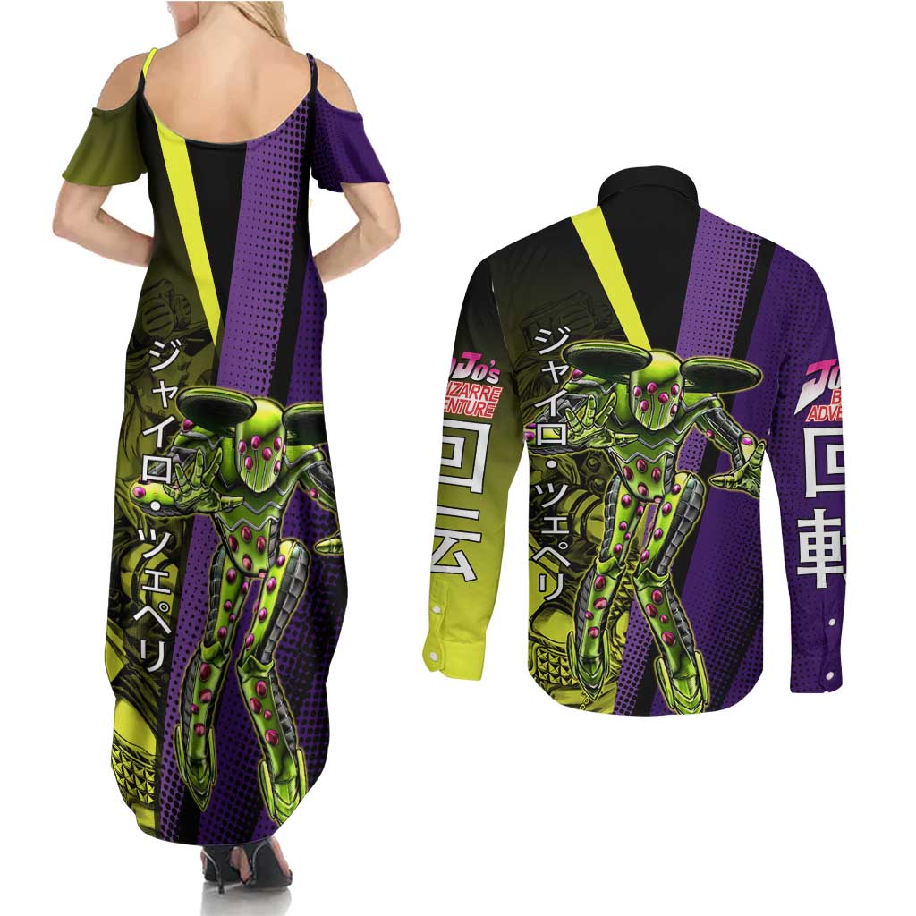 Gyro Zeppeli JoJo’s Bizarre Adventure Couples Matching Summer Maxi Dress and Long Sleeve Button Shirt with Spin Pose and Vibrant - The Mazicc