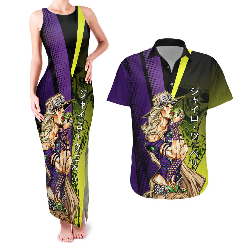 Gyro Zeppeli JoJo’s Bizarre Adventure Couples Matching Tank Maxi Dress and Hawaiian Shirt with Spin Pose and Vibrant - The Mazicc
