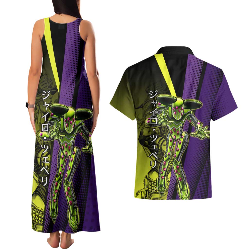 Gyro Zeppeli JoJo’s Bizarre Adventure Couples Matching Tank Maxi Dress and Hawaiian Shirt with Spin Pose and Vibrant - The Mazicc