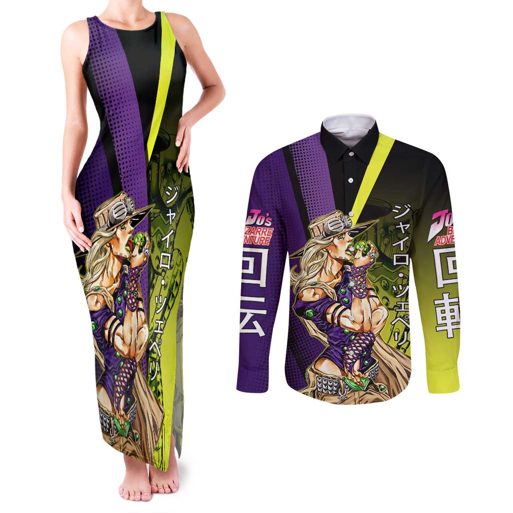 Gyro Zeppeli JoJo’s Bizarre Adventure Couples Matching Tank Maxi Dress and Long Sleeve Button Shirt with Spin Pose and Vibrant - The Mazicc