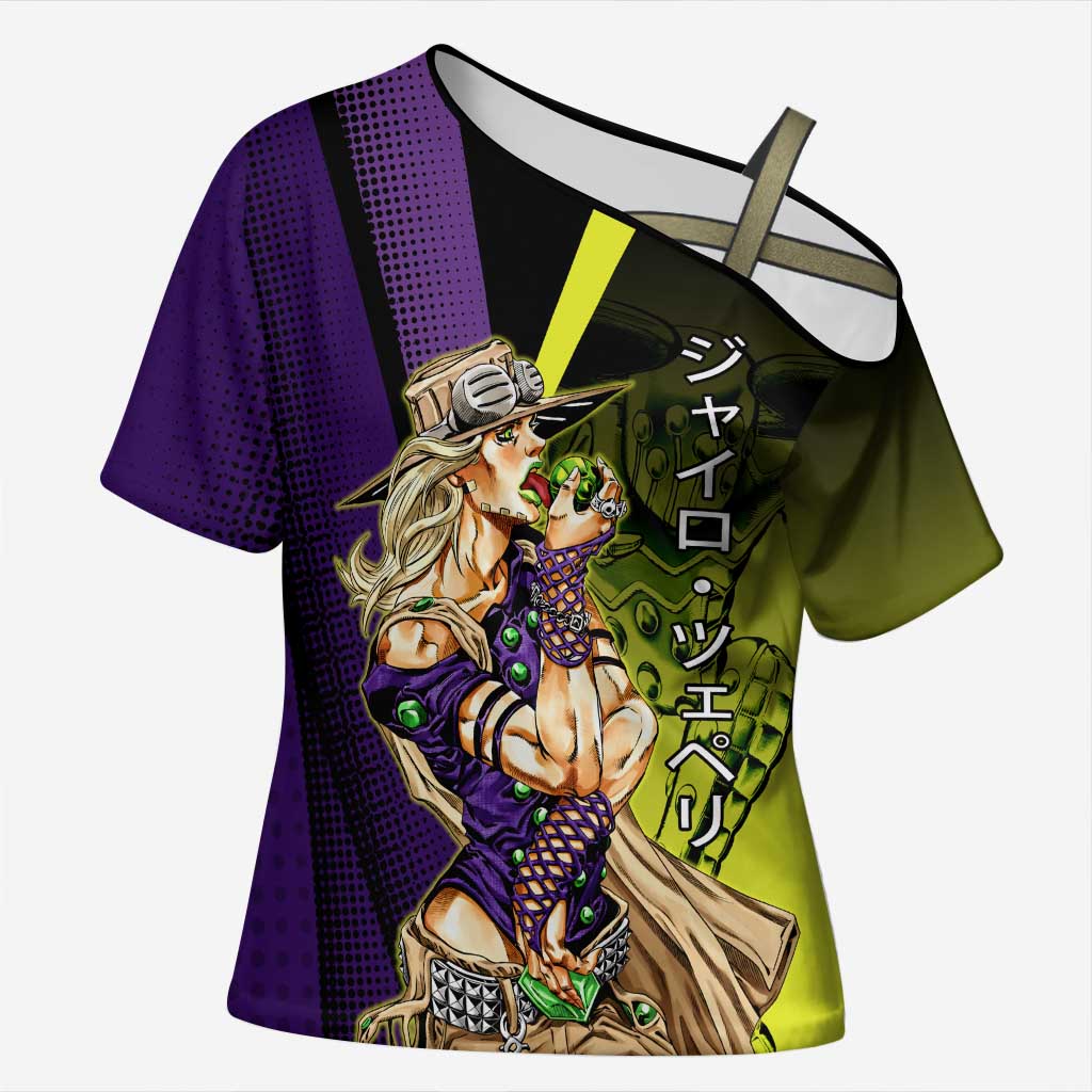 Gyro Zeppeli JoJo’s Bizarre Adventure Cross Shoulder Shirt with Spin Pose and Vibrant - The Mazicc