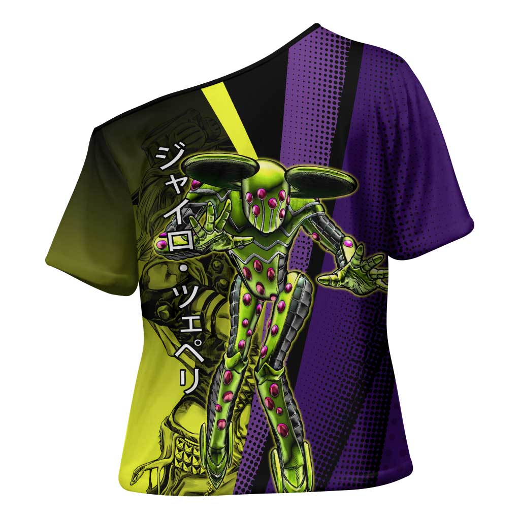 Gyro Zeppeli JoJo’s Bizarre Adventure Cross Shoulder Shirt with Spin Pose and Vibrant - The Mazicc