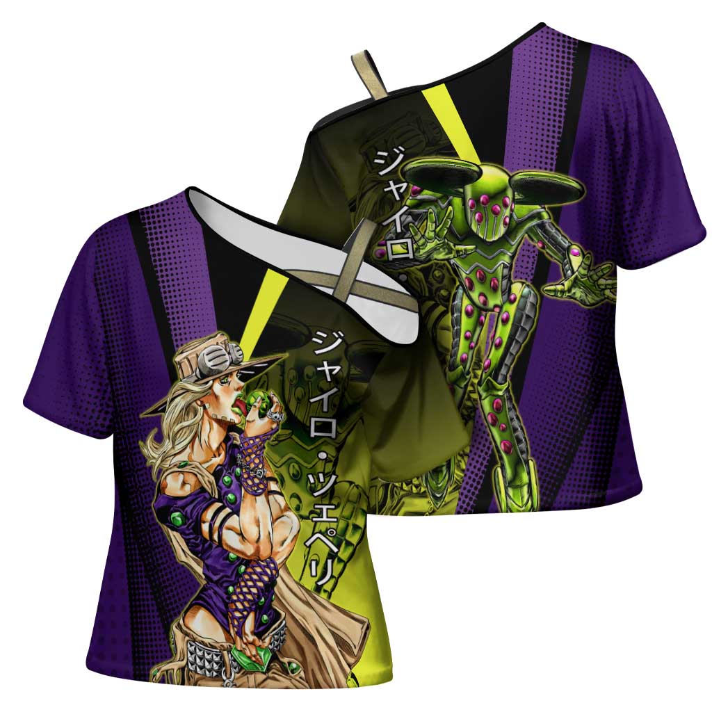 Gyro Zeppeli JoJo’s Bizarre Adventure Cross Shoulder Shirt with Spin Pose and Vibrant - The Mazicc