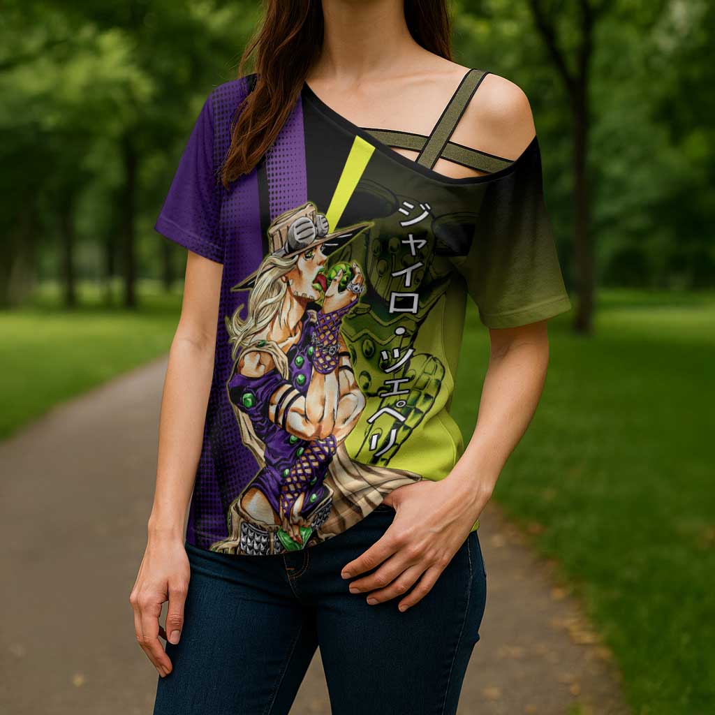 Gyro Zeppeli JoJo’s Bizarre Adventure Cross Shoulder Shirt with Spin Pose and Vibrant - The Mazicc
