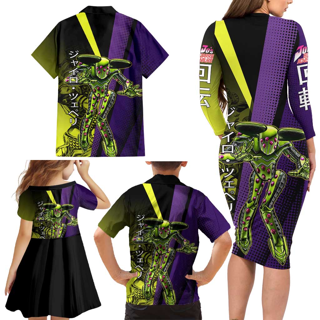 Gyro Zeppeli JoJo’s Bizarre Adventure Family Matching Long Sleeve Bodycon Dress and Hawaiian Shirt with Spin Pose and Vibrant