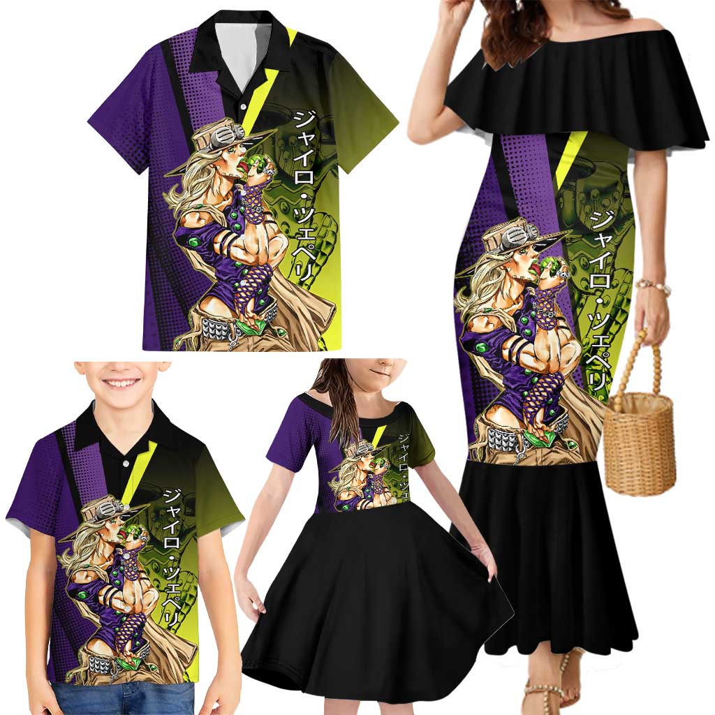 Gyro Zeppeli JoJo’s Bizarre Adventure Family Matching Mermaid Dress and Hawaiian Shirt with Spin Pose and Vibrant