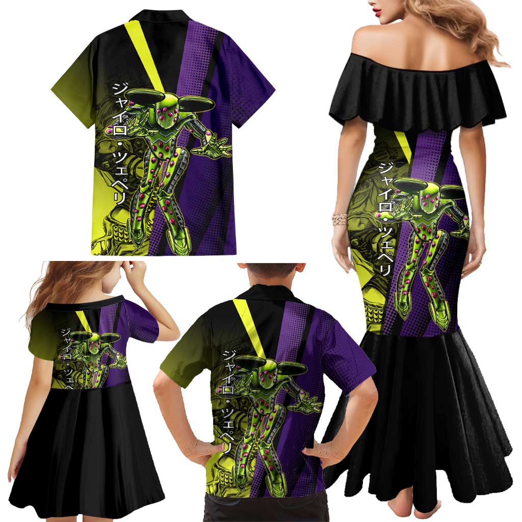Gyro Zeppeli JoJo’s Bizarre Adventure Family Matching Mermaid Dress and Hawaiian Shirt with Spin Pose and Vibrant