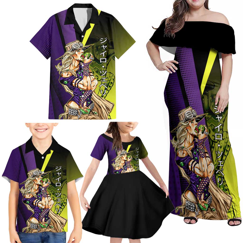 Gyro Zeppeli JoJo’s Bizarre Adventure Family Matching Off Shoulder Maxi Dress and Hawaiian Shirt with Spin Pose and Vibrant
