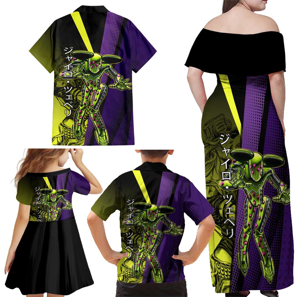 Gyro Zeppeli JoJo’s Bizarre Adventure Family Matching Off Shoulder Maxi Dress and Hawaiian Shirt with Spin Pose and Vibrant