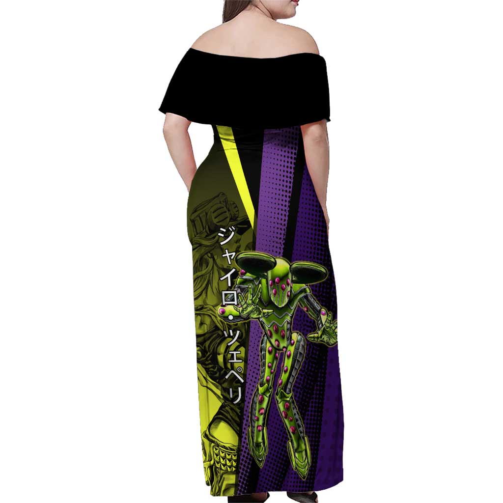 Gyro Zeppeli JoJo’s Bizarre Adventure Family Matching Off Shoulder Maxi Dress and Hawaiian Shirt with Spin Pose and Vibrant