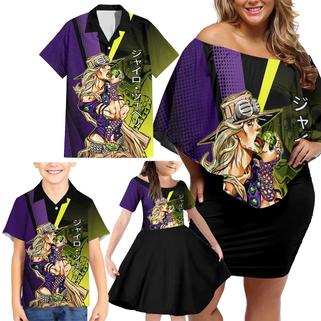 Gyro Zeppeli JoJo’s Bizarre Adventure Family Matching Off Shoulder Short Dress and Hawaiian Shirt with Spin Pose and Vibrant