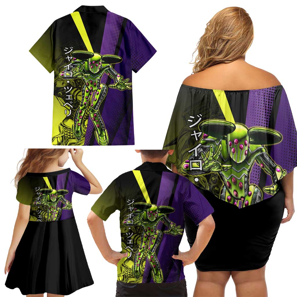 Gyro Zeppeli JoJo’s Bizarre Adventure Family Matching Off Shoulder Short Dress and Hawaiian Shirt with Spin Pose and Vibrant