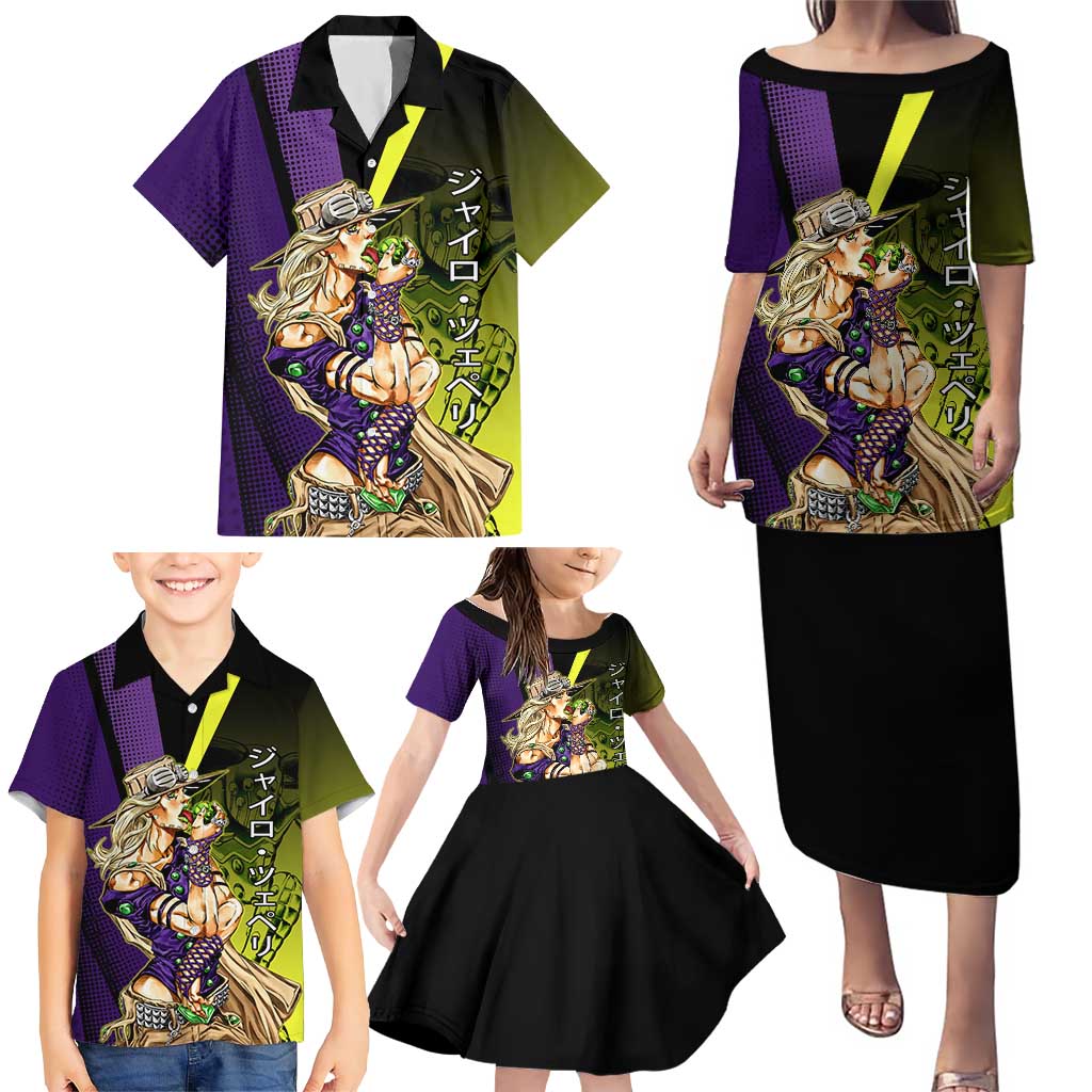 Gyro Zeppeli JoJo’s Bizarre Adventure Family Matching Puletasi and Hawaiian Shirt with Spin Pose and Vibrant