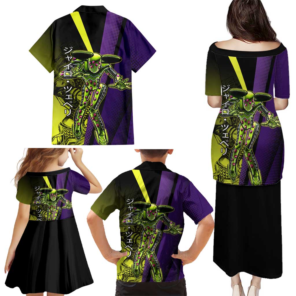 Gyro Zeppeli JoJo’s Bizarre Adventure Family Matching Puletasi and Hawaiian Shirt with Spin Pose and Vibrant