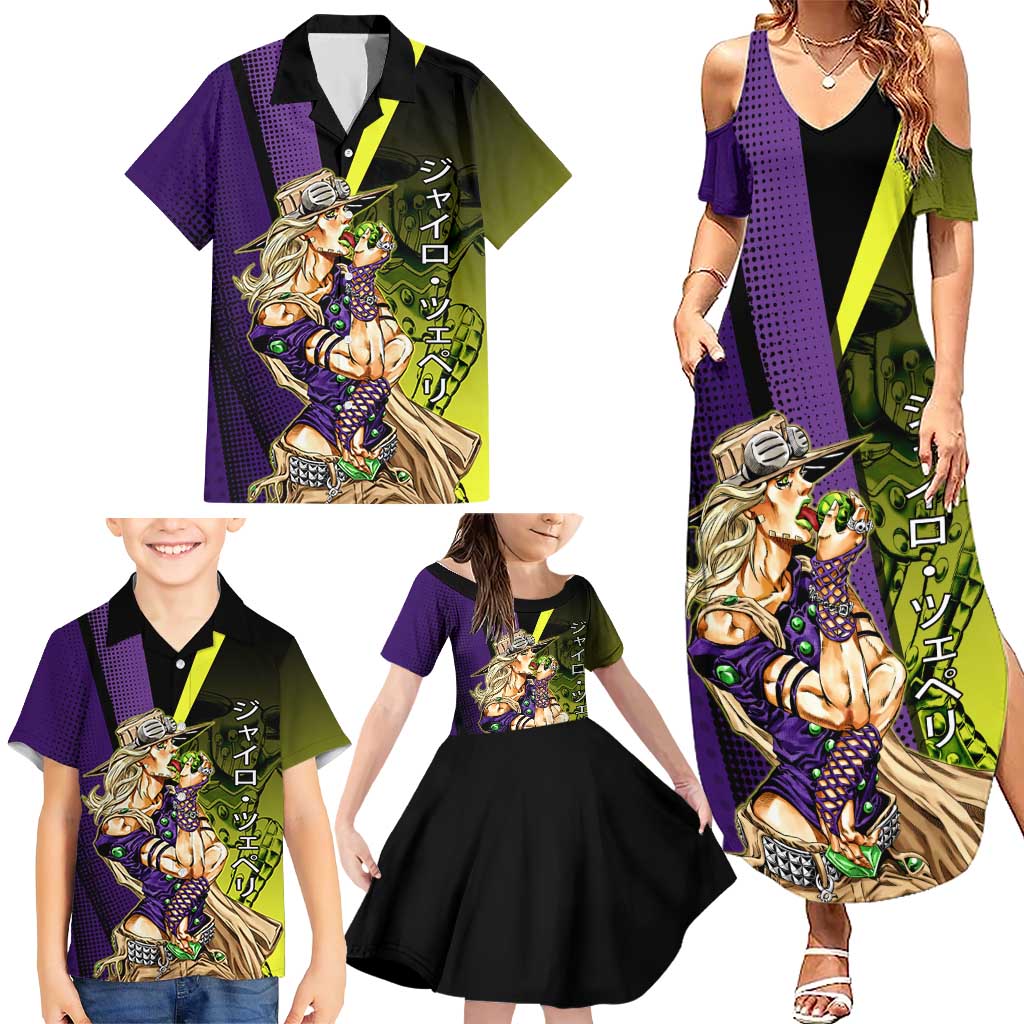 Gyro Zeppeli JoJo’s Bizarre Adventure Family Matching Summer Maxi Dress and Hawaiian Shirt with Spin Pose and Vibrant