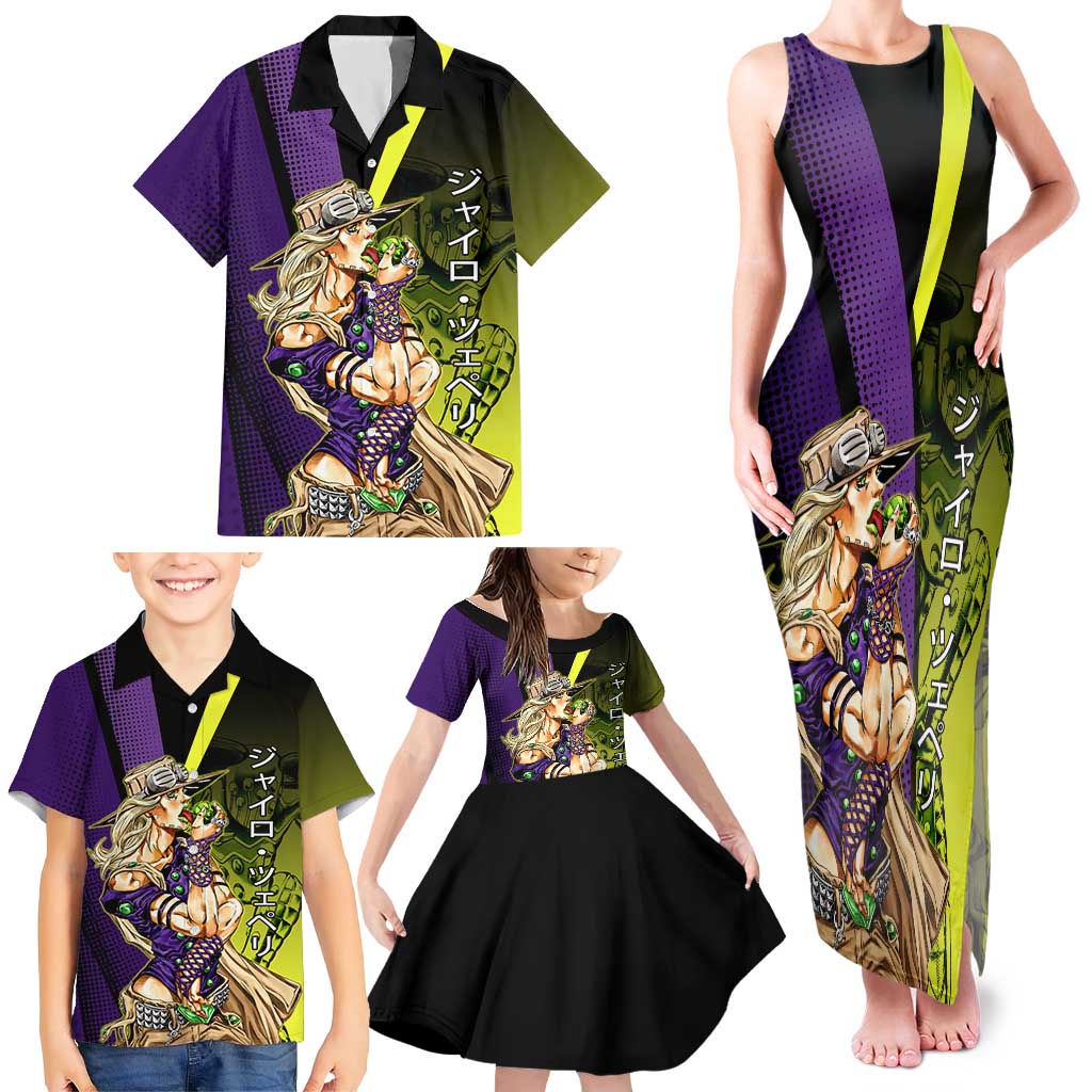 Gyro Zeppeli JoJo’s Bizarre Adventure Family Matching Tank Maxi Dress and Hawaiian Shirt with Spin Pose and Vibrant