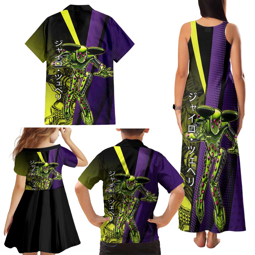 Gyro Zeppeli JoJo’s Bizarre Adventure Family Matching Tank Maxi Dress and Hawaiian Shirt with Spin Pose and Vibrant