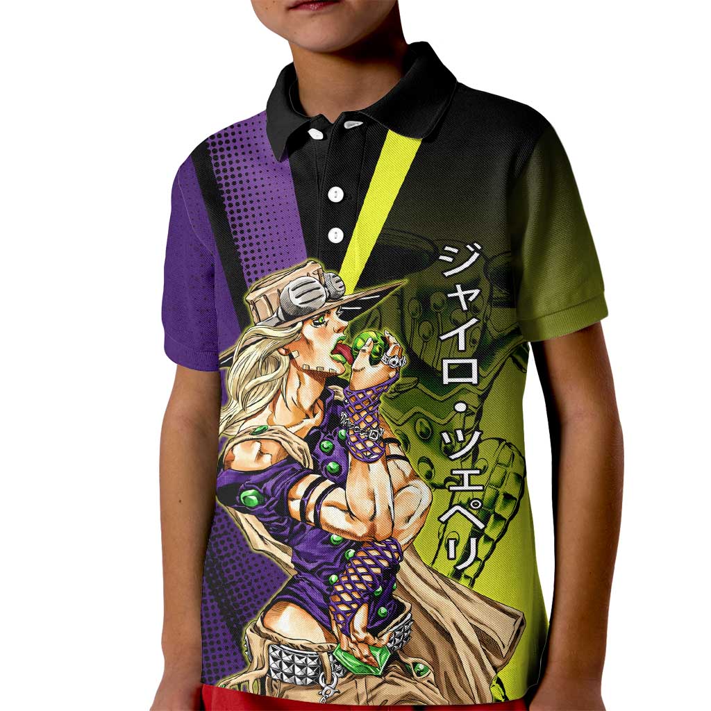 Gyro Zeppeli JoJo’s Bizarre Adventure Kid Polo Shirt with Spin Pose and Vibrant - The Mazicc